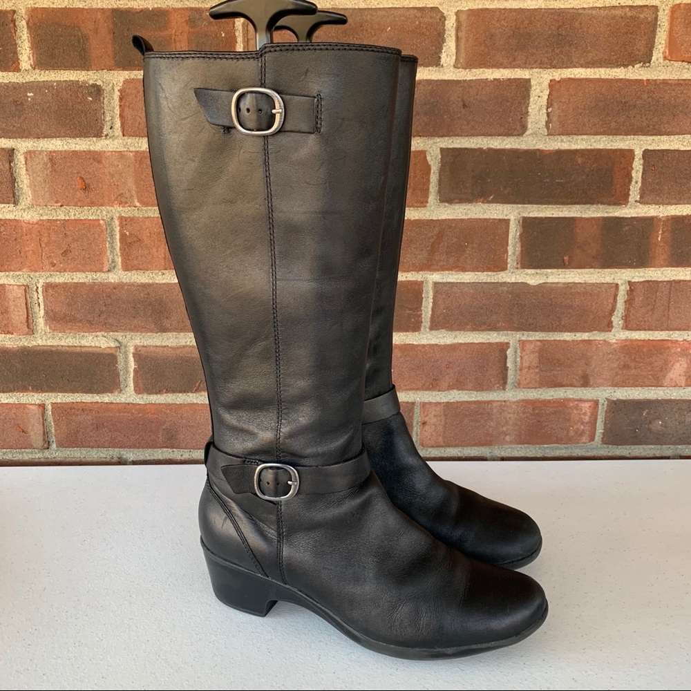 Clarks black leather chunky heel knee high boots